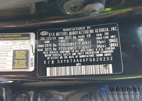 2015 Kia Sorento Lx из США, поврежденный, VIN 5XYKT4A66FG620252